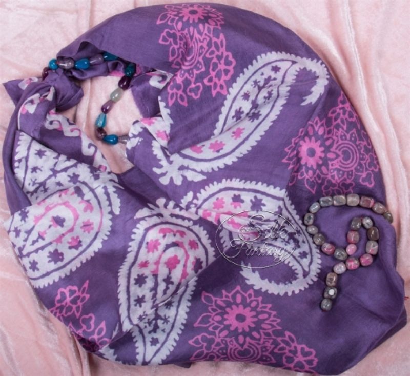 Kelagayi "Dusty-violet background, pink flowers and white galib patterns of buta"