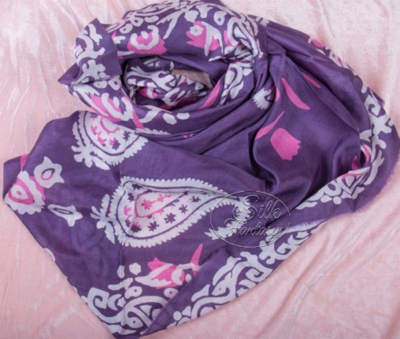 Kelagayi "Dusty-violet background, pink flowers and white galib patterns of buta"