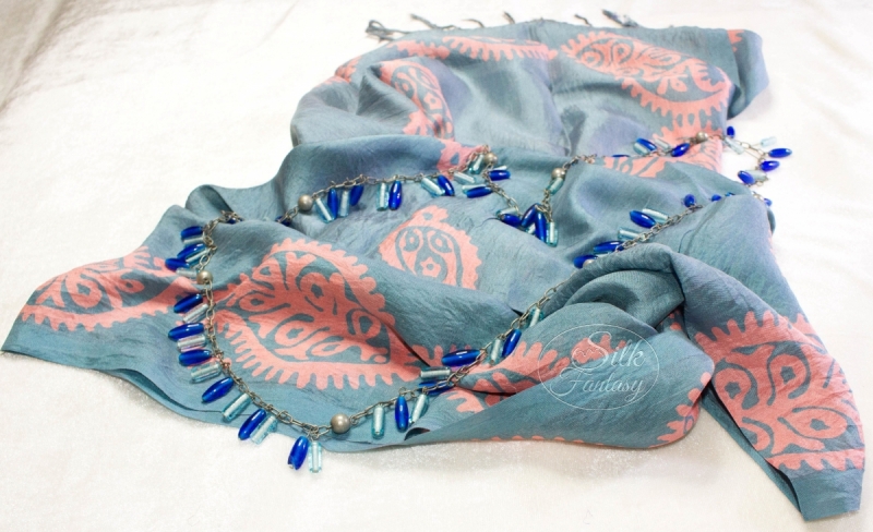 Scarf "Tender, grey-blue background and pink coral"
