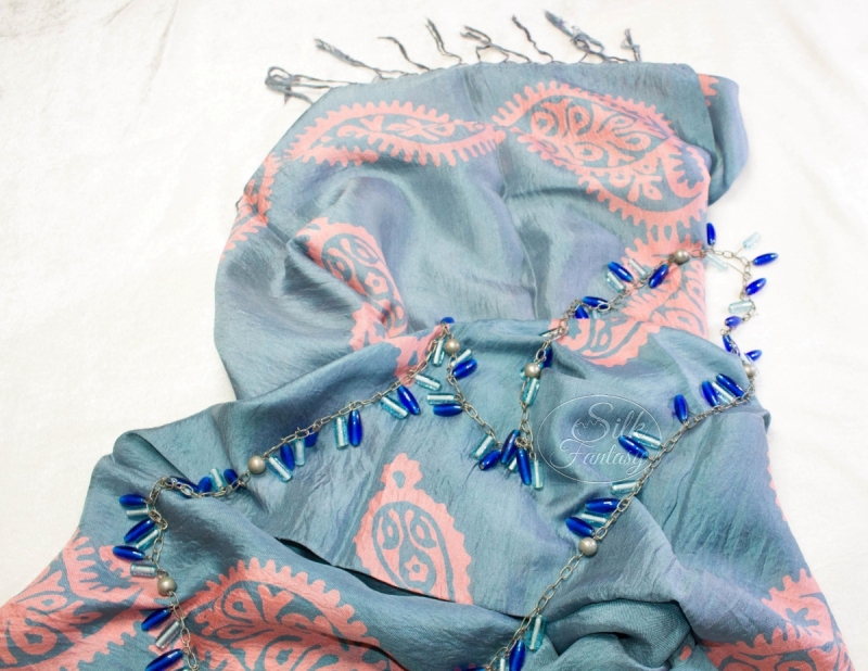 Scarf "Tender, grey-blue background and pink coral"